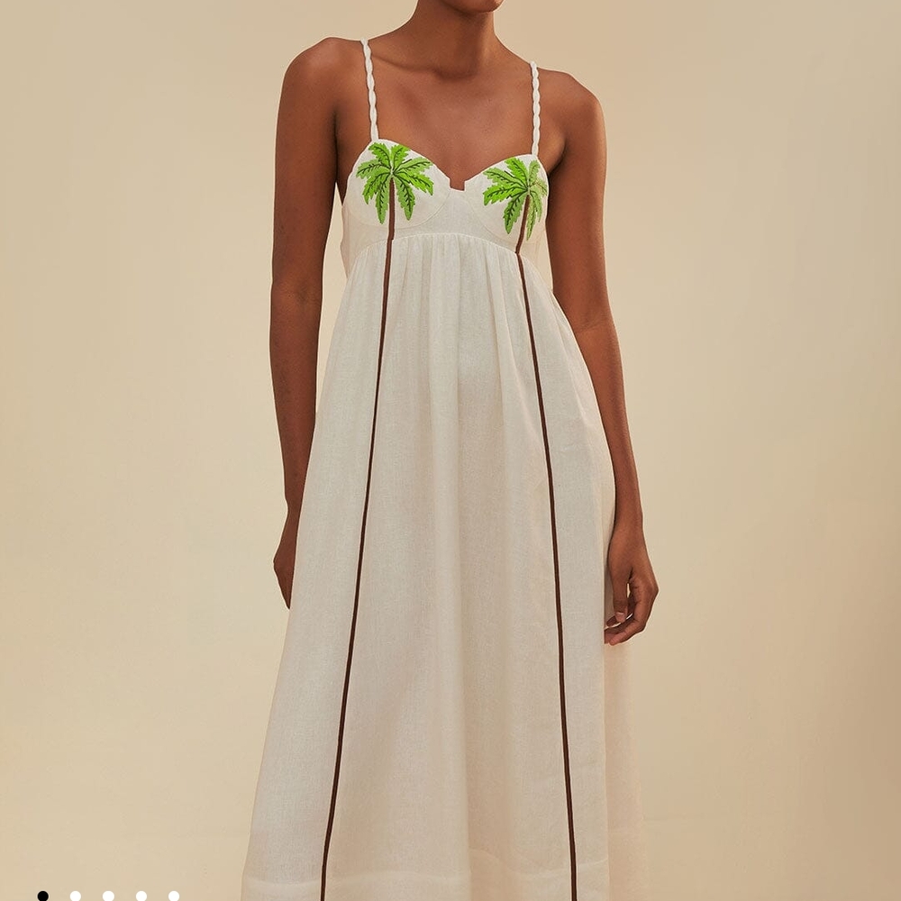 White Dress with Green Palm Embroidery